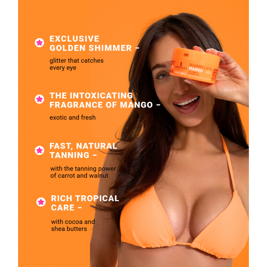 Afrodita Sun Care Mango Tanning Jam with Gold Glitter – Fast Bronzing, Exotic Mango Scent, 6.76 fl oz (200 ml)