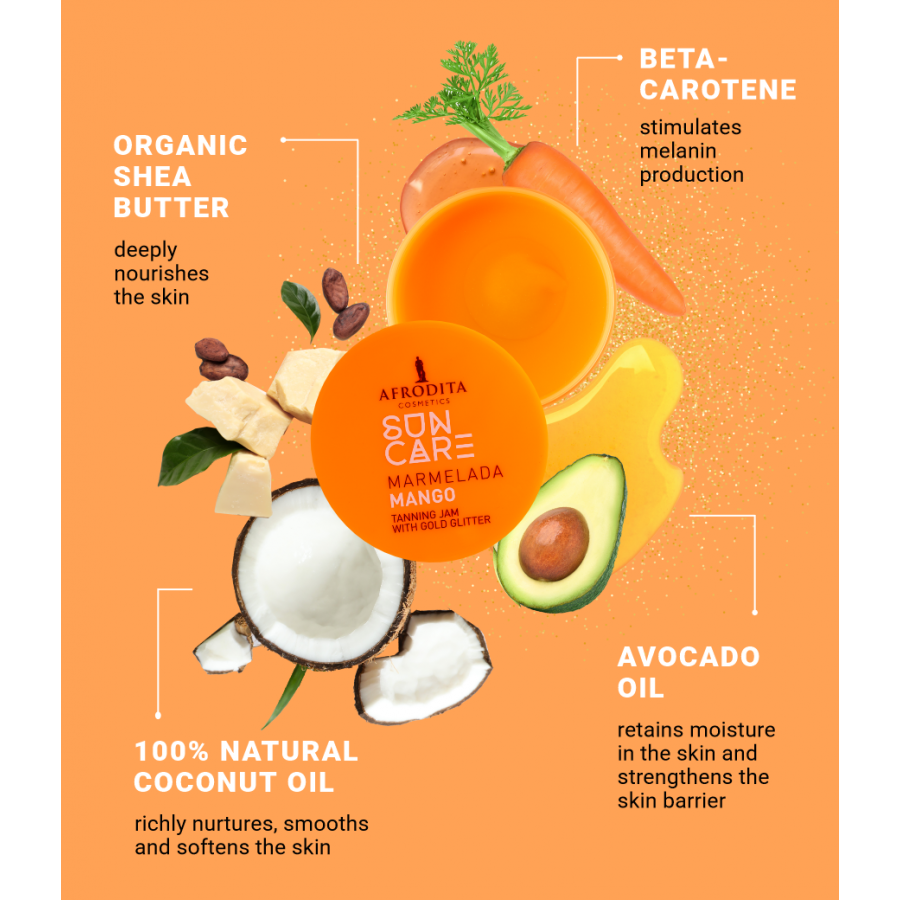 Afrodita Sun Care Mango Tanning Jam with Gold Glitter – Fast Bronzing, Exotic Mango Scent, 6.76 fl oz (200 ml)