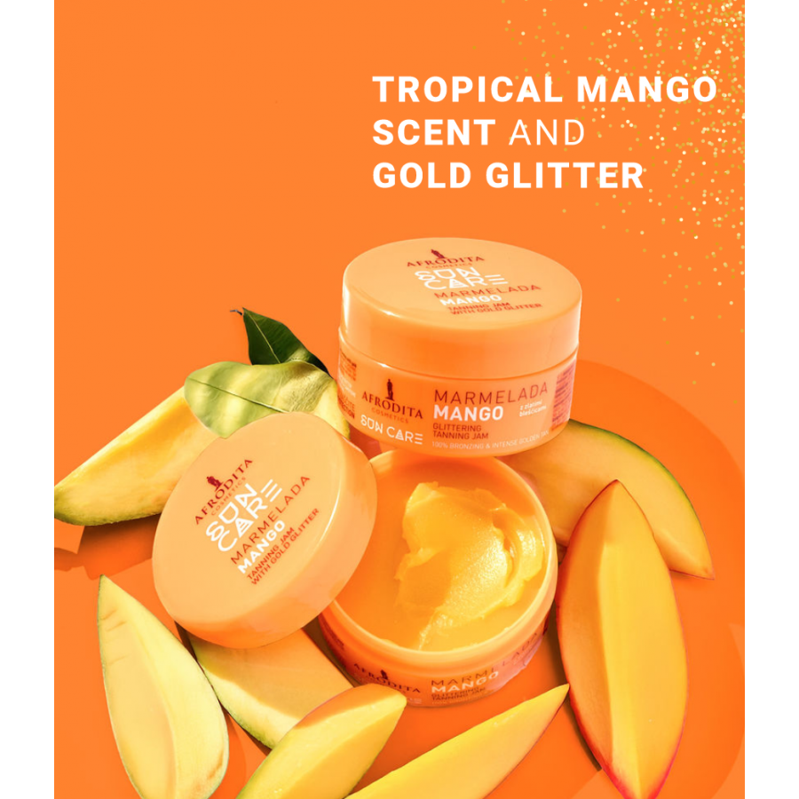 Afrodita Sun Care Mango Tanning Jam with Gold Glitter – Fast Bronzing, Exotic Mango Scent, 6.76 fl oz (200 ml)