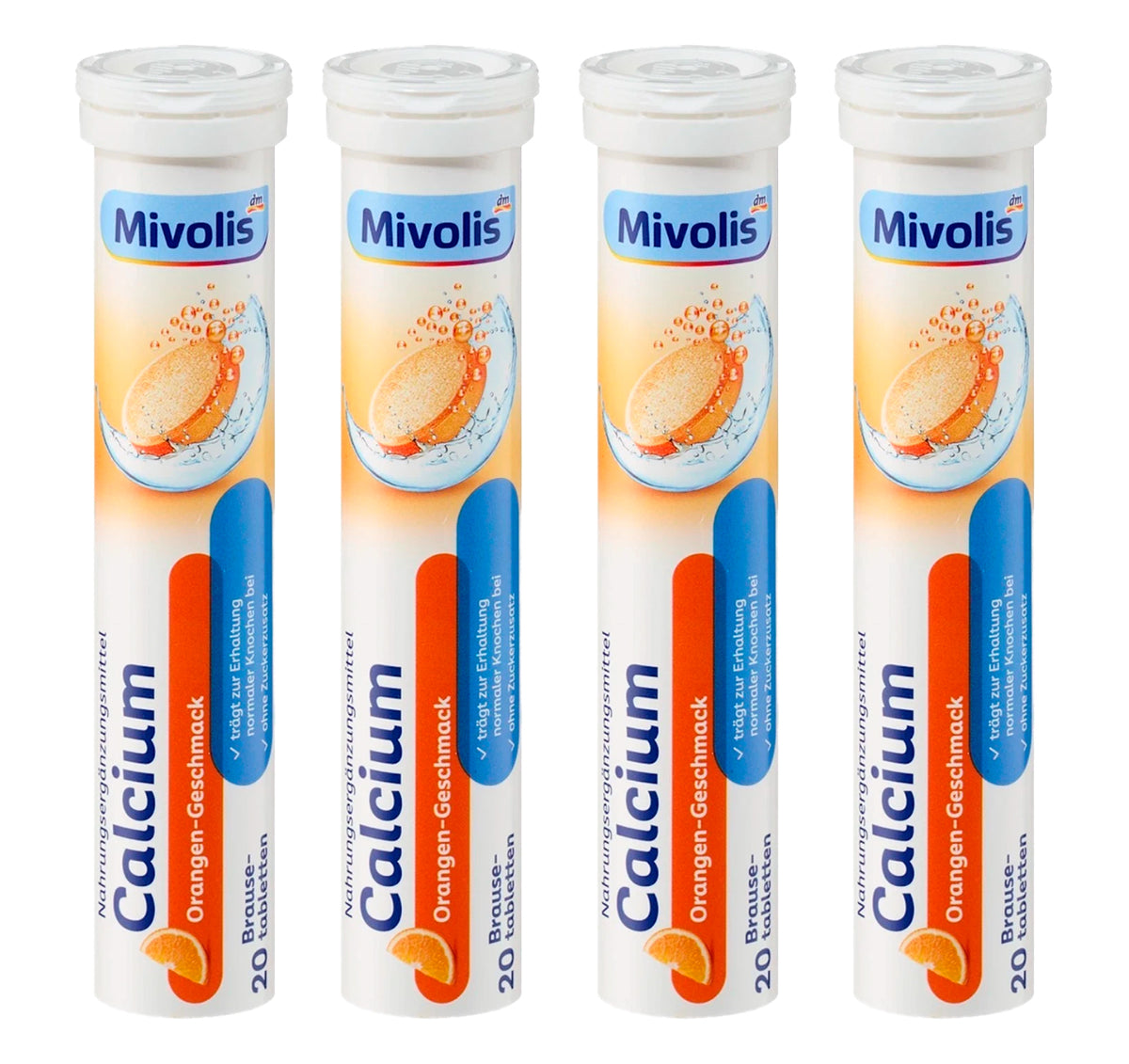 Mivolis Calcium Effervescent Tablets – Orange Flavor, 400 mg Calcium, 20 Tablets – Germany