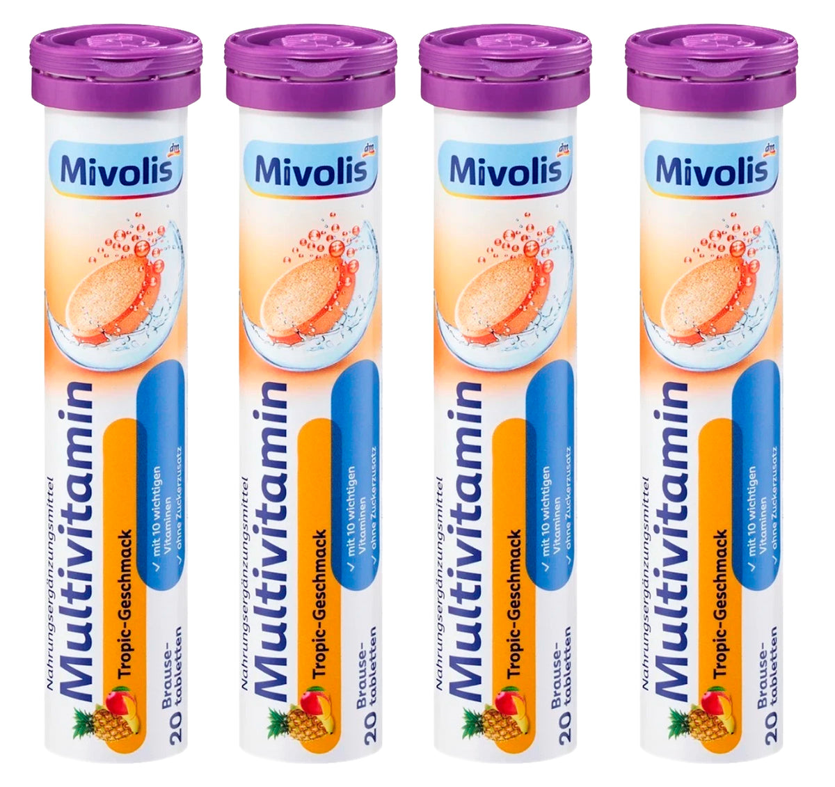 Mivolis Multivitamin Effervescent Tablets – Tropical Fruit Flavor, 10 Vitamins, 20 Tablets – Germany