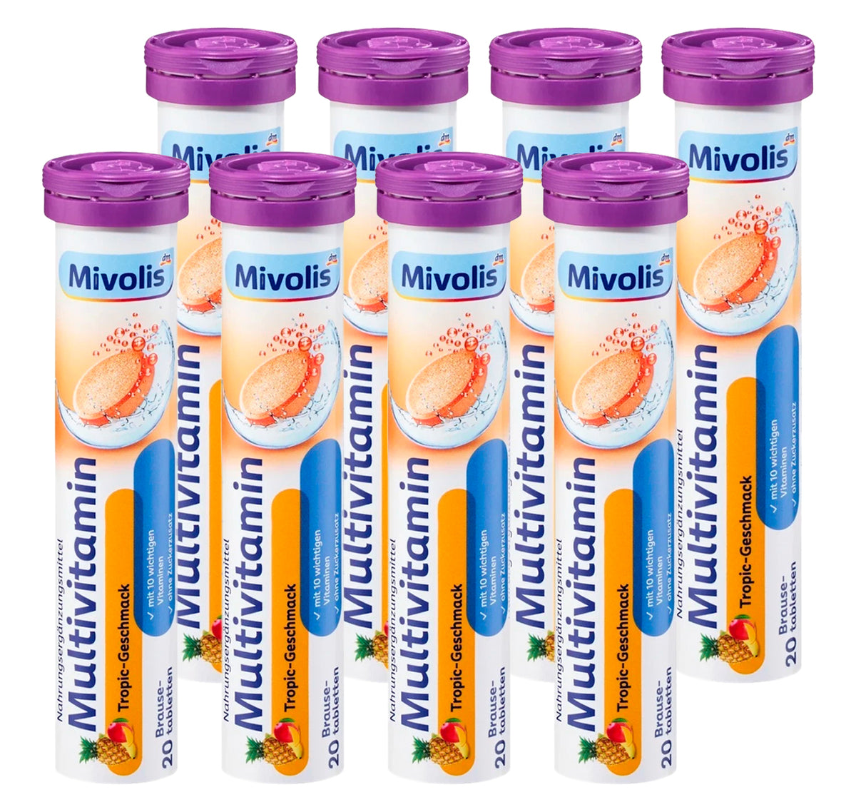 Mivolis Multivitamin Effervescent Tablets – Tropical Fruit Flavor, 10 Vitamins, 20 Tablets – Germany