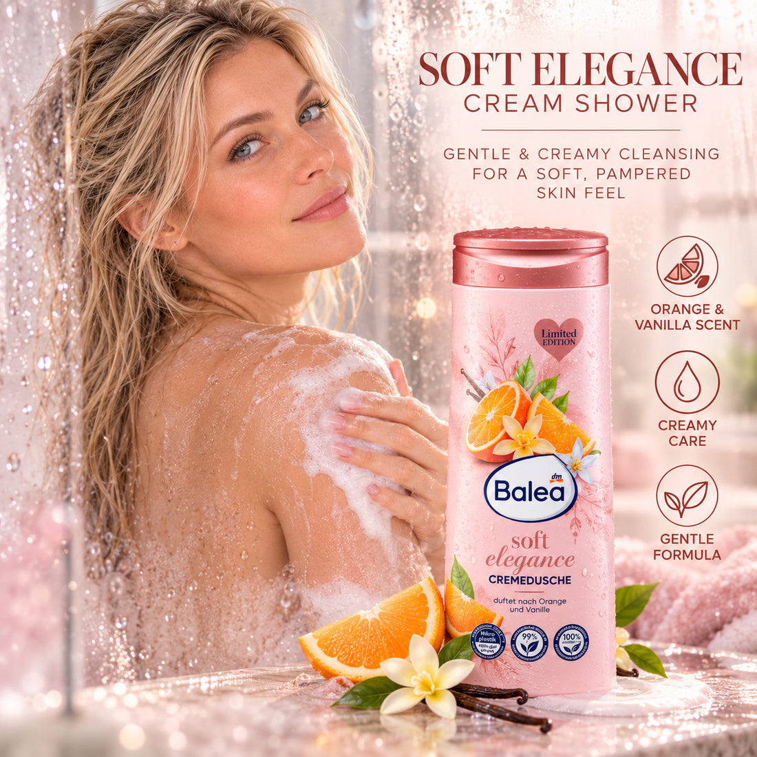 Balea Soft Elegance Cream Shower Orange &amp; Vanilla 10.1 fl oz