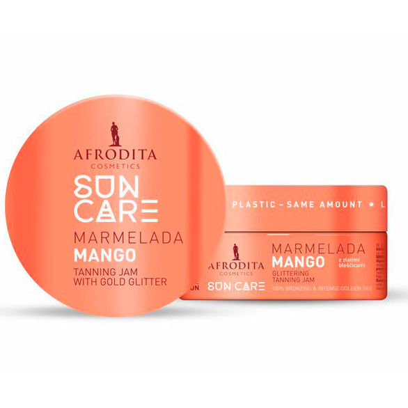 Afrodita Sun Care Mango Tanning Jam with Gold Glitter – Fast Bronzing, Exotic Mango Scent, 6.76 fl oz (200 ml)