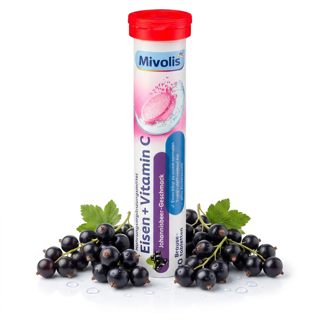 Mivolis Iron + Vitamin C Effervescent Tablets – Blackcurrant Flavor, 20 Tablets – Germany