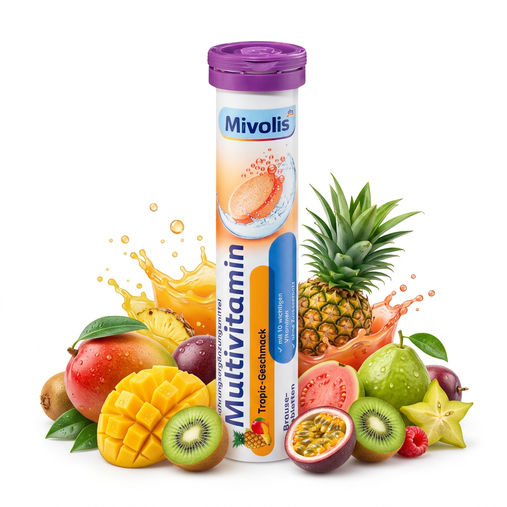 Mivolis Multivitamin Effervescent Tablets – Tropical Fruit Flavor, 10 Vitamins, 20 Tablets – Germany