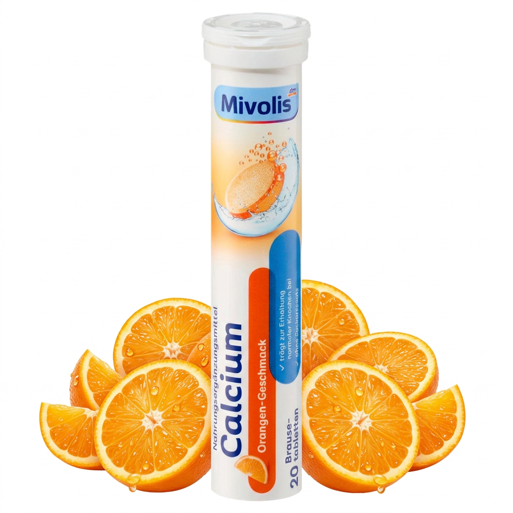 Mivolis Calcium Effervescent Tablets – Orange Flavor, 400 mg Calcium, 20 Tablets – Germany