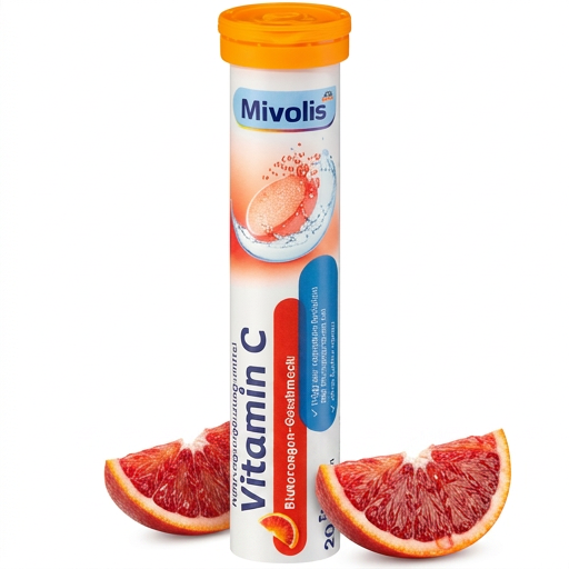 Mivolis Vitamin C Effervescent Tablets – Red Orange Flavor, 240 mg, 20 Tablets – Germany