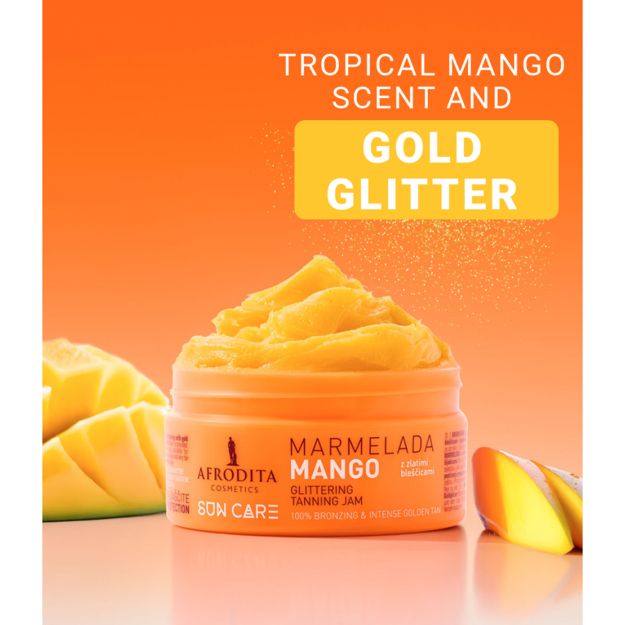 Afrodita Sun Care Mango Tanning Jam with Gold Glitter – Fast Bronzing, Exotic Mango Scent, 6.76 fl oz (200 ml)