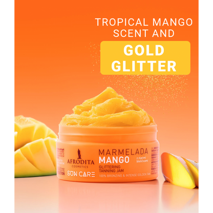 Afrodita Sun Care Mango Tanning Jam with Gold Glitter – Fast Bronzing, Exotic Mango Scent, 6.76 fl oz (200 ml)