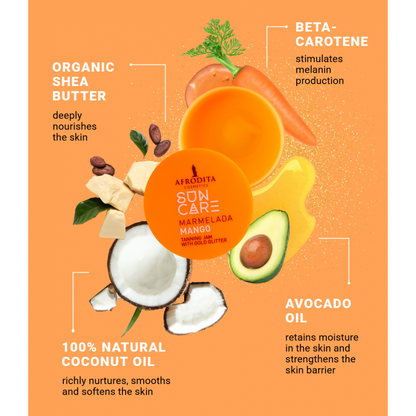 Afrodita Sun Care Mango Tanning Jam with Gold Glitter – Fast Bronzing, Exotic Mango Scent, 6.76 fl oz (200 ml)