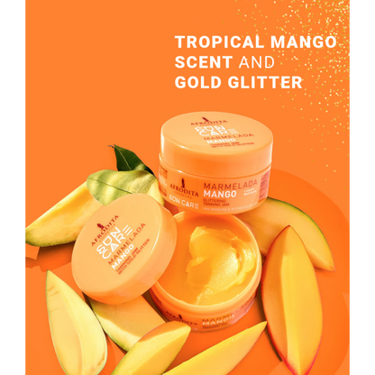 Afrodita Sun Care Mango Tanning Jam with Gold Glitter – Fast Bronzing, Exotic Mango Scent, 6.76 fl oz (200 ml)