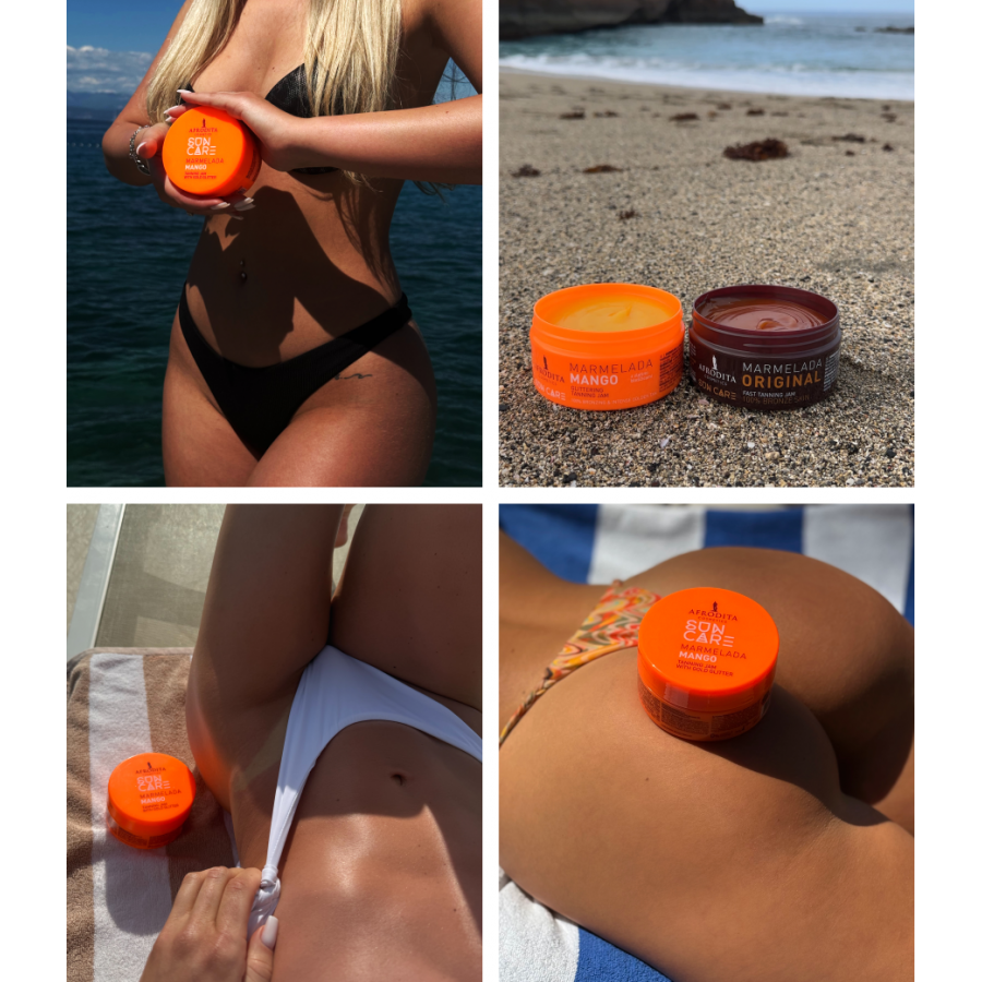 Afrodita Sun Care Mango Tanning Jam with Gold Glitter – Fast Bronzing, Exotic Mango Scent, 6.76 fl oz (200 ml)
