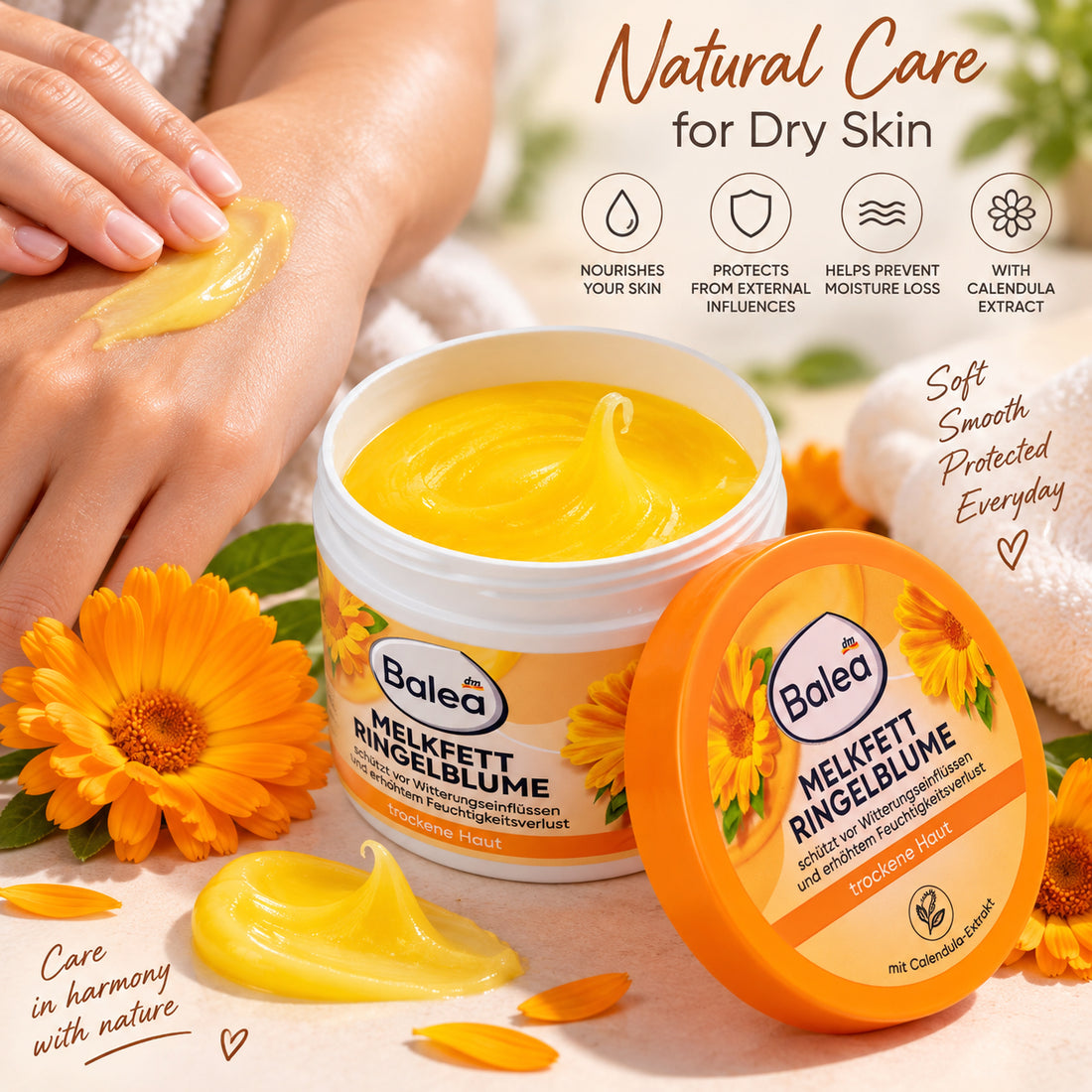 Balea Calendula Intensive Skin Care Cream for Dry Skin – Face &amp; Body, 8.45 fl oz (250 ml)