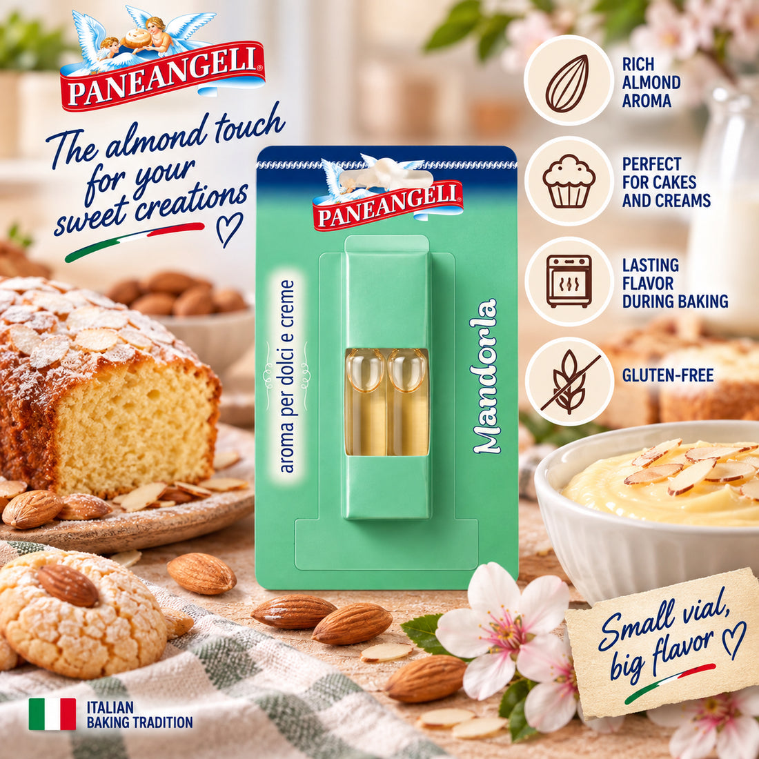 Paneangeli Almond Flavoring for Cakes &amp; Creams – 2 Vials, 0.14 fl oz