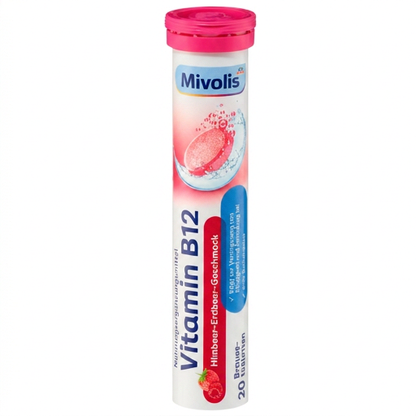 Mivolis Vitamin B12 Effervescent Tablets – Raspberry &amp; Strawberry Flavor, 20 Tablets – Germany