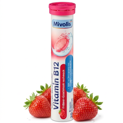 Mivolis Vitamin B12 Effervescent Tablets – Raspberry &amp; Strawberry Flavor, 20 Tablets – Germany