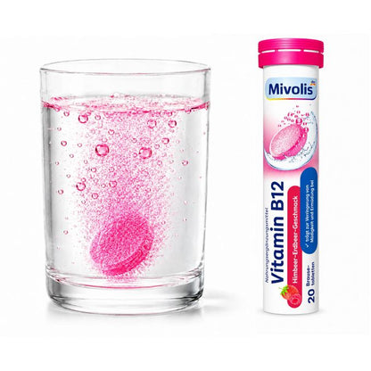 Mivolis Vitamin B12 Effervescent Tablets – Raspberry &amp; Strawberry Flavor, 20 Tablets – Germany