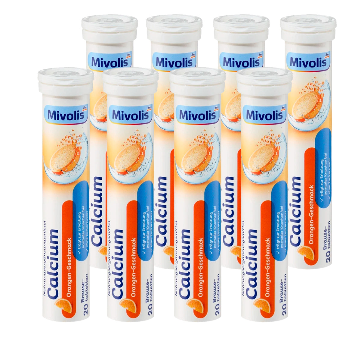 Mivolis Calcium Effervescent Tablets – Orange Flavor, 400 mg Calcium, 20 Tablets – Germany