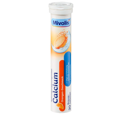 Mivolis Calcium Effervescent Tablets – Orange Flavor, 400 mg Calcium, 20 Tablets – Germany