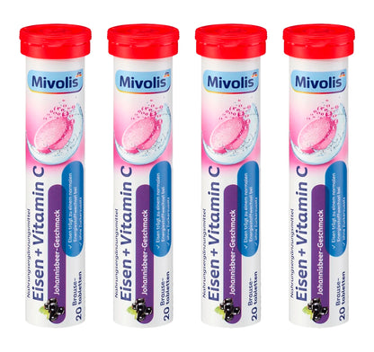 Mivolis Iron + Vitamin C Effervescent Tablets – Blackcurrant Flavor, 20 Tablets – Germany