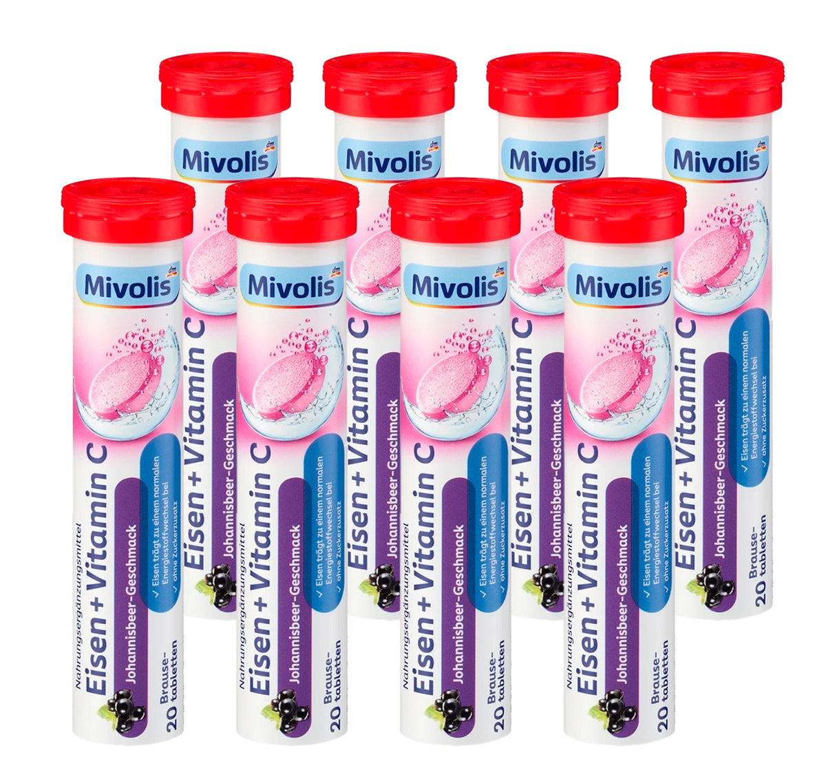 Mivolis Iron + Vitamin C Effervescent Tablets – Blackcurrant Flavor, 20 Tablets – Germany