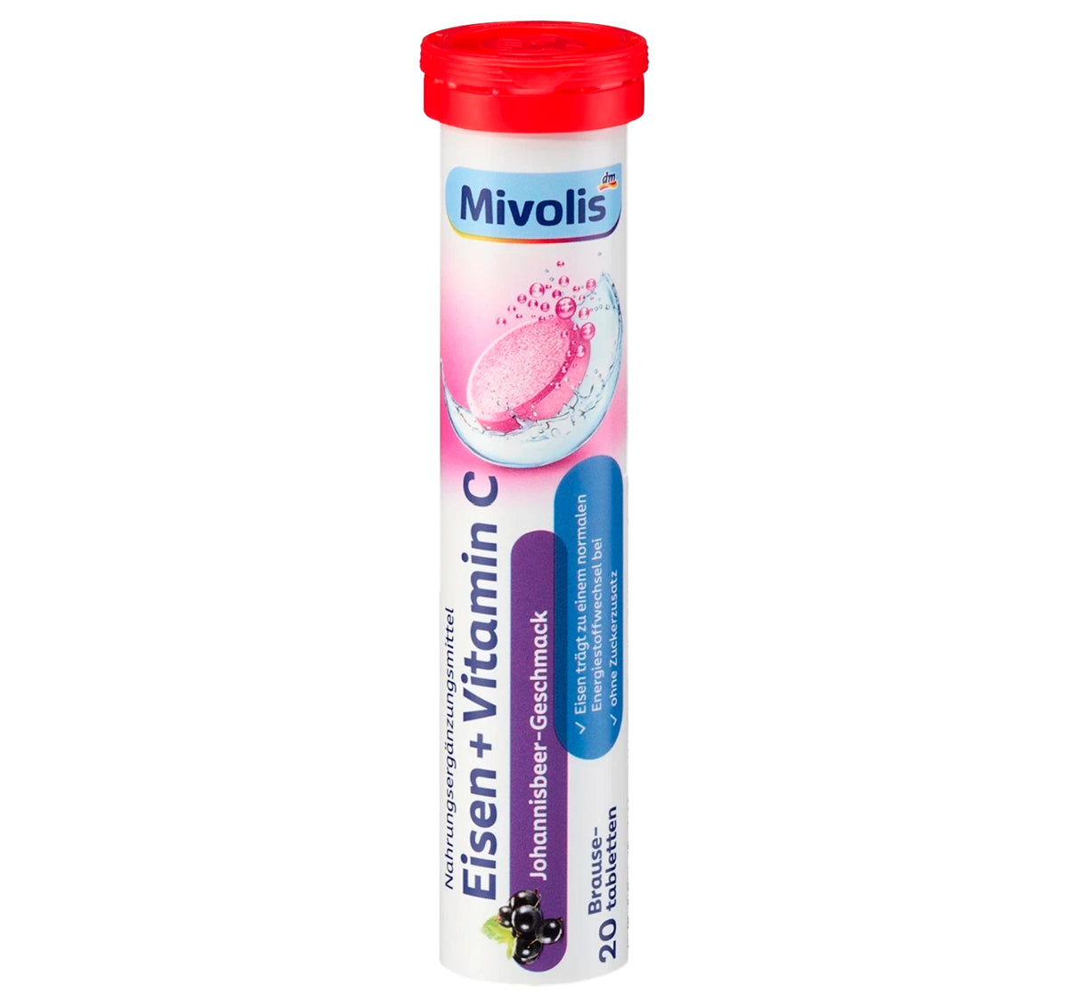 Mivolis Iron + Vitamin C Effervescent Tablets – Blackcurrant Flavor, 20 Tablets – Germany