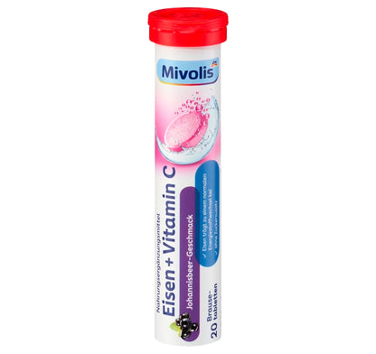 Mivolis Iron + Vitamin C Effervescent Tablets – Blackcurrant Flavor, 20 Tablets – Germany
