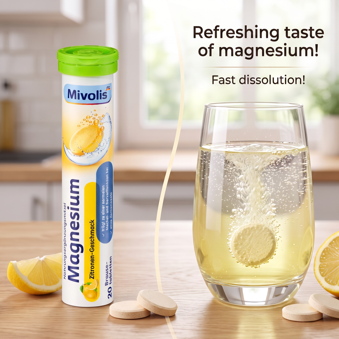 Mivolis Magnesium Effervescent Tablets – Lemon Flavor, 20 Tablets – Germany