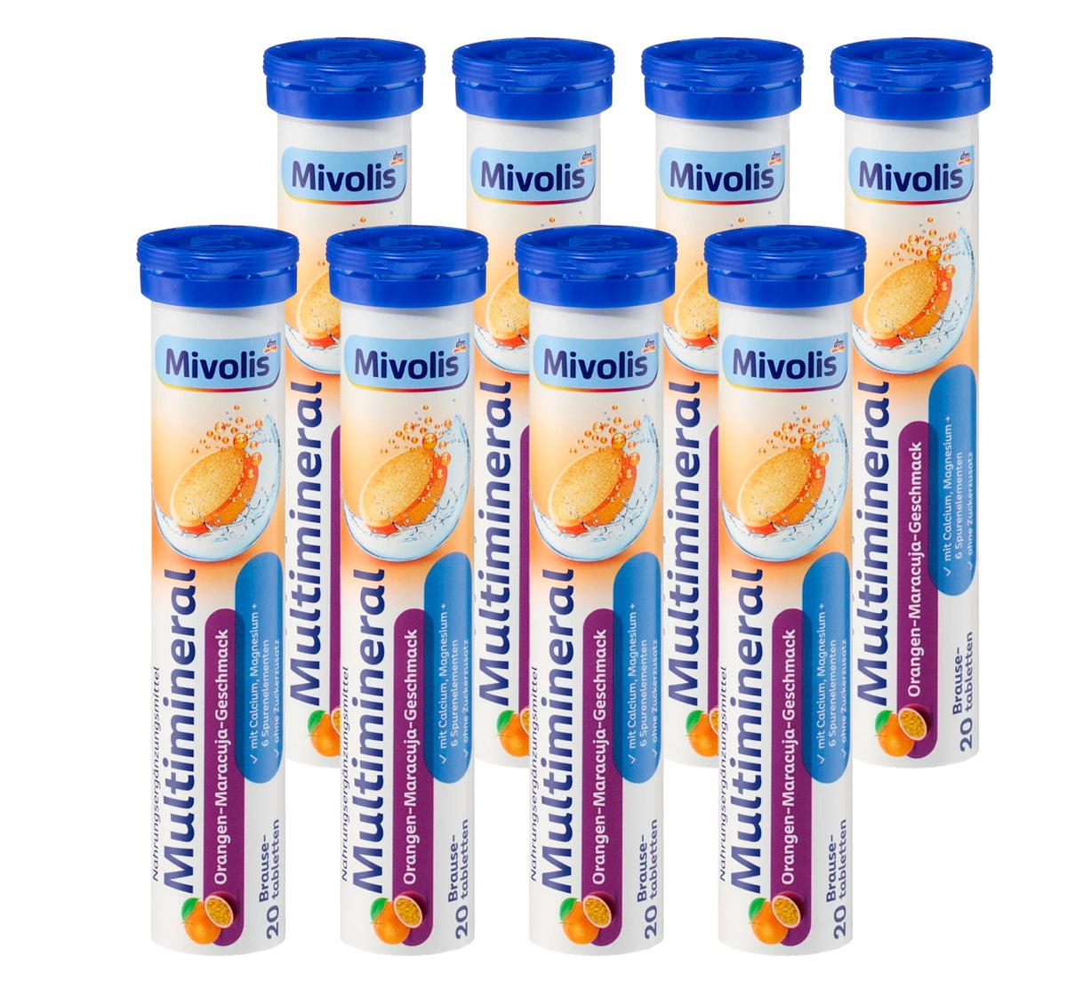 Mivolis Multimineral Effervescent Tablets – Calcium, Magnesium + 6 Trace Elements, Orange &amp; Passion Fruit, 20 Tablets – Germany