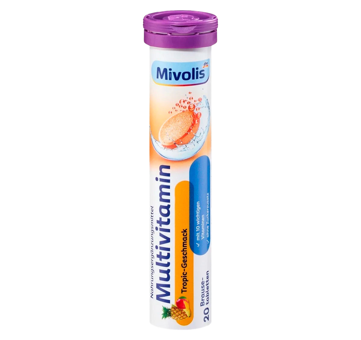 Mivolis Multivitamin Effervescent Tablets – Tropical Fruit Flavor, 10 Vitamins, 20 Tablets – Germany