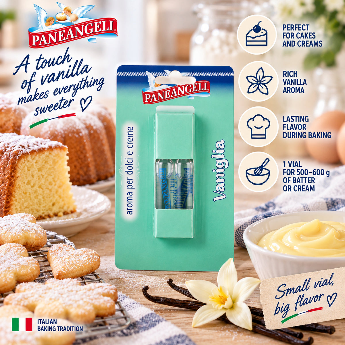 Paneangeli Vanilla Flavoring for Cakes &amp; Creams – 2 Vials, 0.14 fl oz